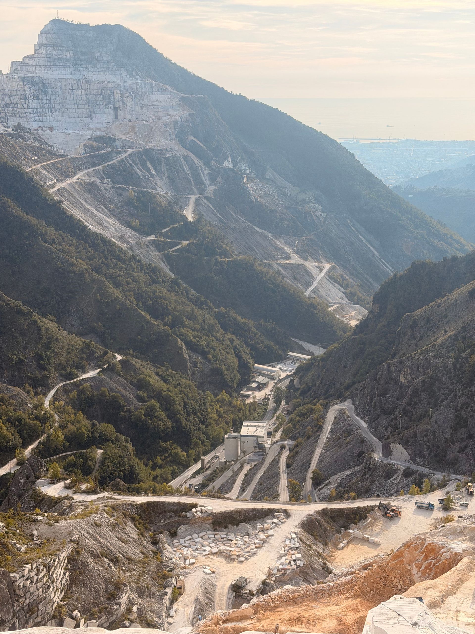 Aerial view of a marble quarry yard and stock