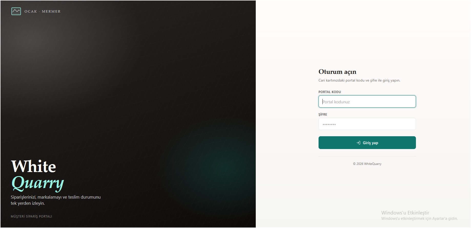 EgeOcak customer portal sign-in screen